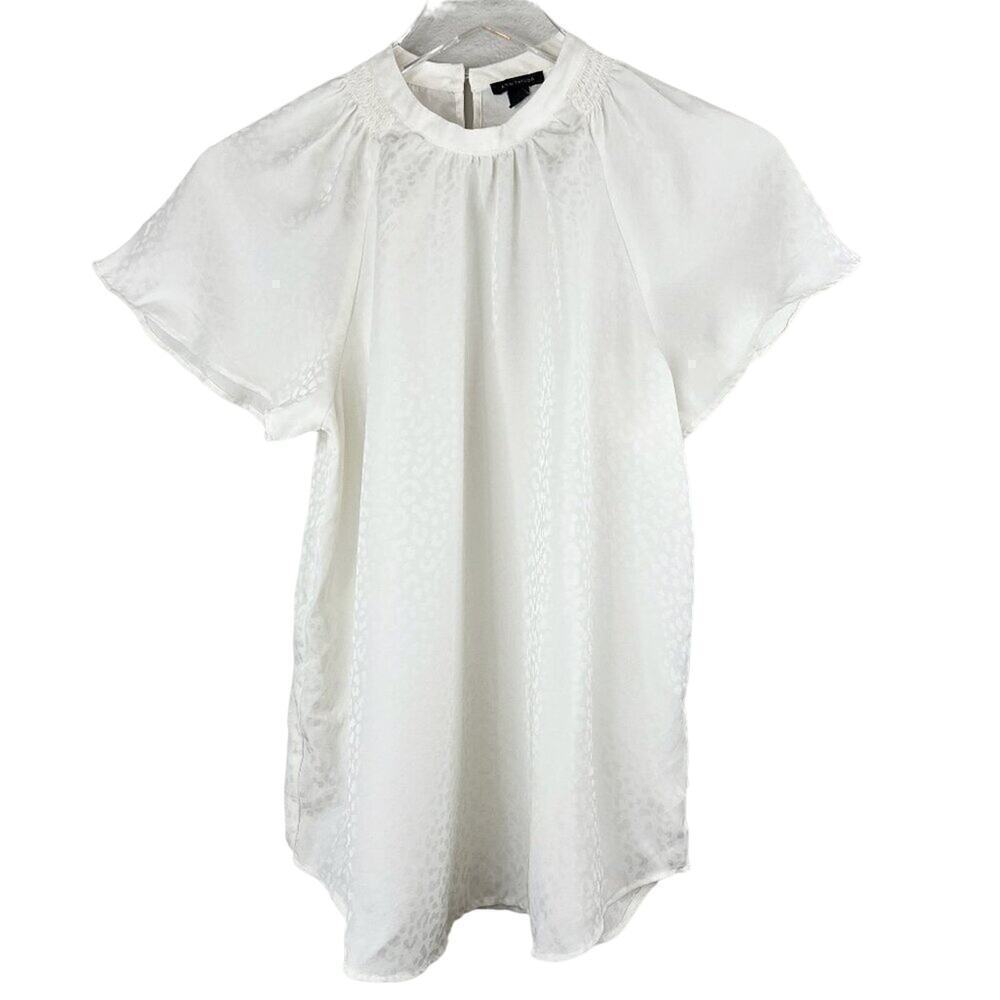 Ann‎ Taylor White Leopard Cheetah Animal Print White Short Sleeve Blouse Size XS